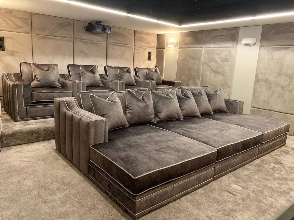 Cinema room upholstery London – bespoke seating and padded wall panels